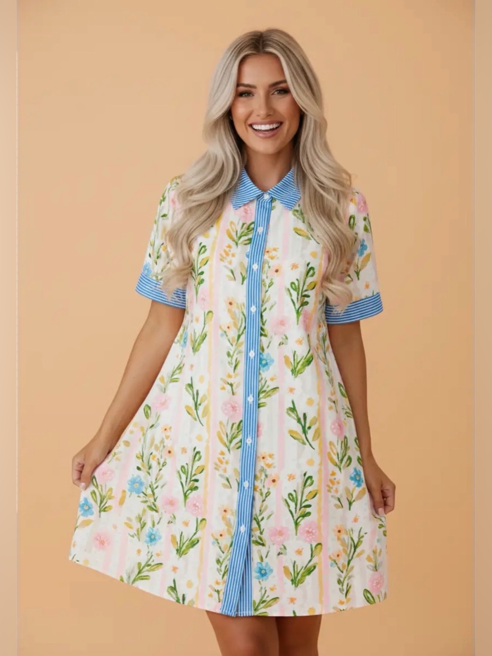 Pretty Bash Multicolour Floral Stripe Trim Button Down Dress